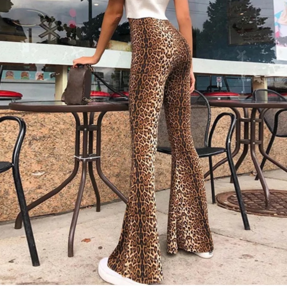 33” inseam long soft bell bottom flare leopard